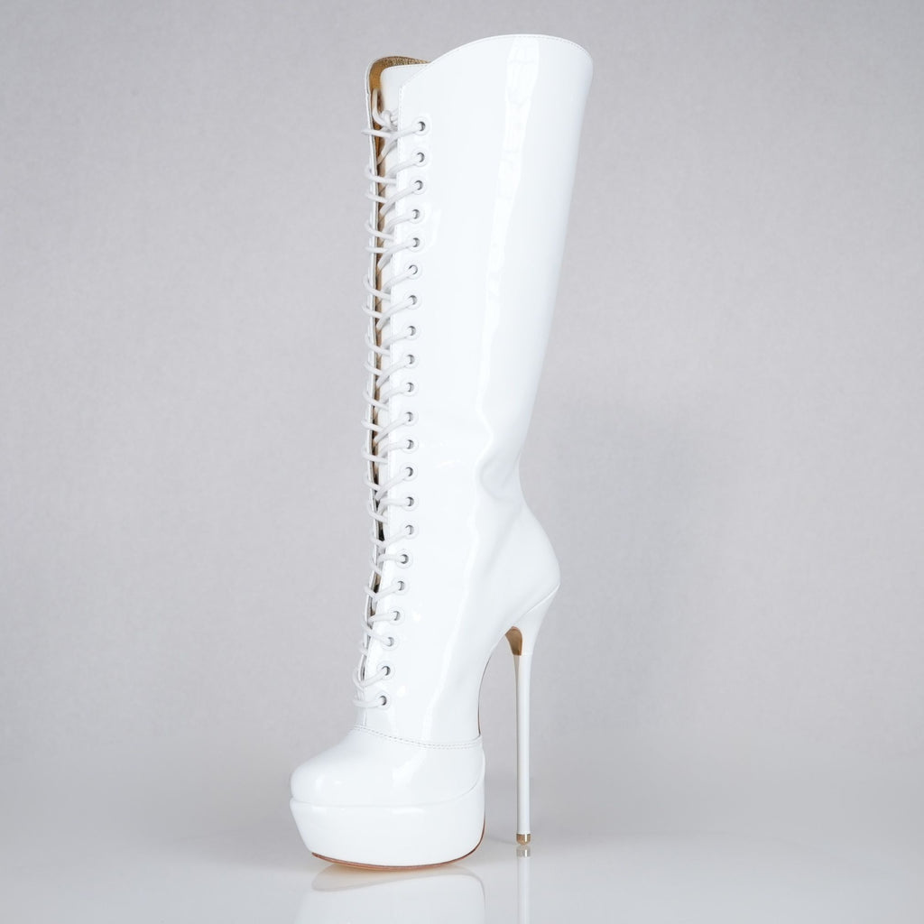 White patent 160mm stiletto high heel knee boots, round metal tips, extreme 90 degree superarch, Mistress Collection, detail view.