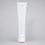 White patent 160mm stiletto high heel knee boots, round metal tips, extreme 90 degree superarch, Mistress Collection, front view.