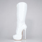 White patent 160mm stiletto high heel knee boots, round metal tips, extreme 90 degree superarch, Mistress Collection, left view.