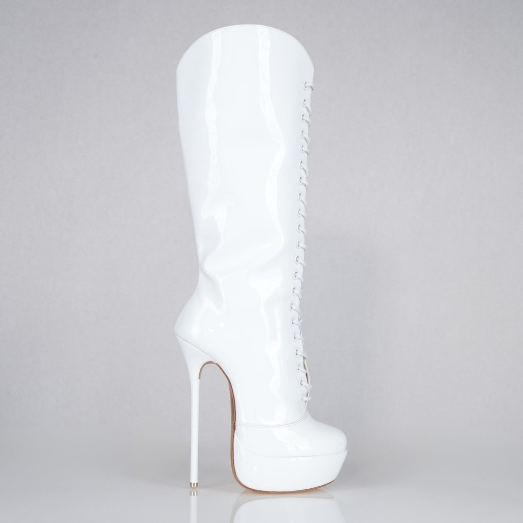 White patent 160mm stiletto high heel knee boots, round metal tips, extreme 90 degree superarch, Mistress Collection.