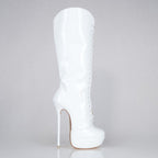 White patent 160mm stiletto high heel knee boots, round metal tips, extreme 90 degree superarch, Mistress Collection.