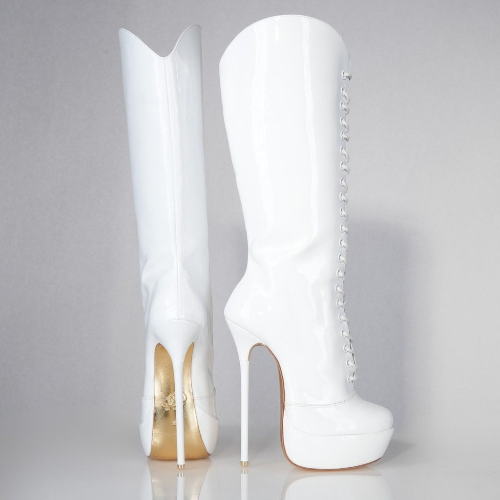 White patent 160mm stiletto high heel knee boots, round metal tips, extreme 90 degree superarch, Mistress Collection, profile view.