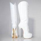 White patent 160mm stiletto high heel knee boots, round metal tips, extreme 90 degree superarch, Mistress Collection, profile view.