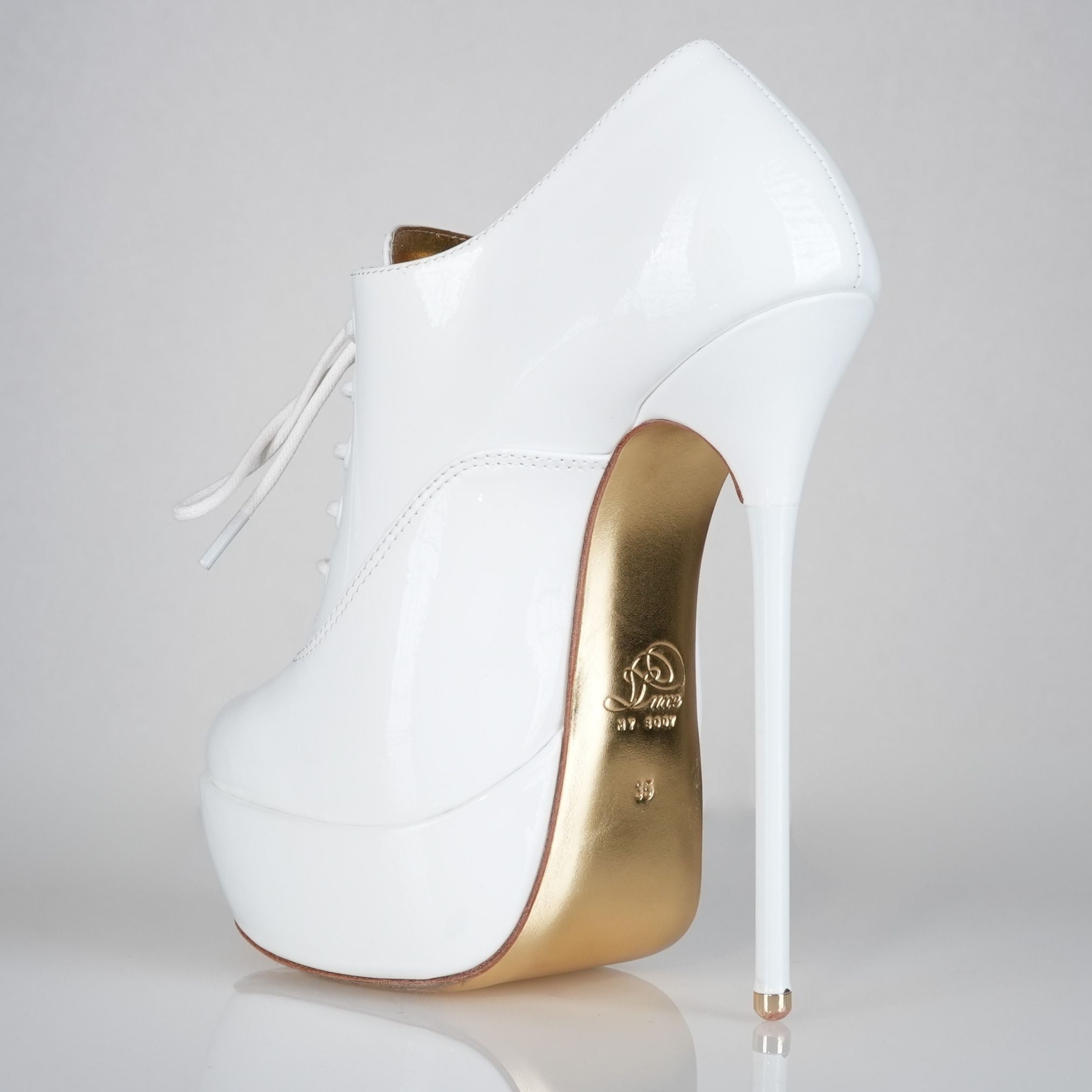 Empress white patent high heel oxfords, 160mm superarch, 6 inch stilettos, Luxe My Body, closeup view.