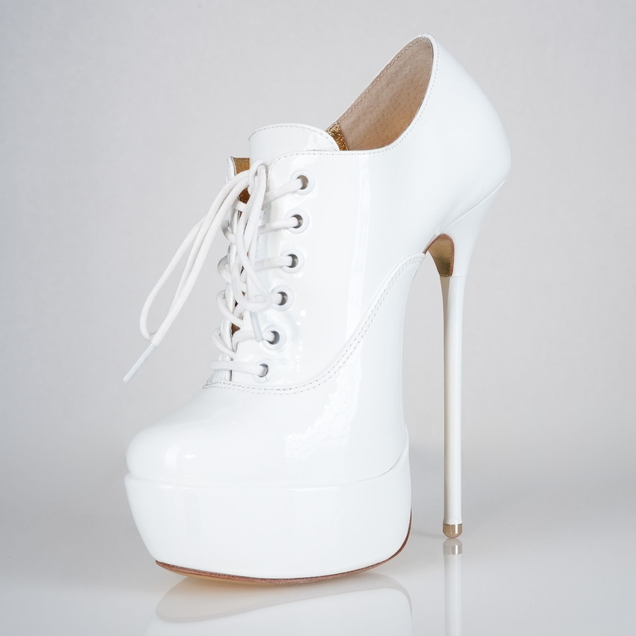Empress white patent high heel oxfords, 160mm superarch, 6 inch stilettos, Luxe My Body, detail view.