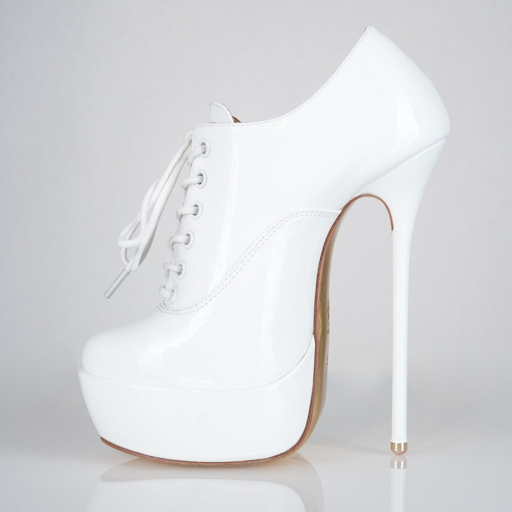 Empress white patent high heel oxfords, 160mm superarch, 6 inch stilettos, Luxe My Body, left view.