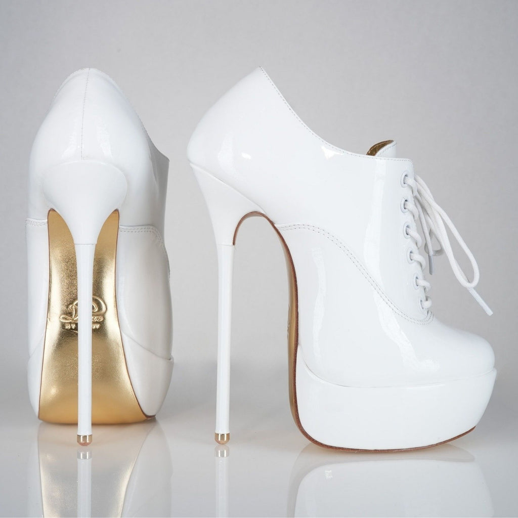 Empress white patent high heel oxfords, 160mm superarch, 6 inch stilettos, Luxe My Body, profile view.
