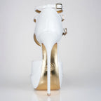 Princess white patent high heel sandals, 160mm superarch, 6 inch stilettos, Luxe My Body, back view.