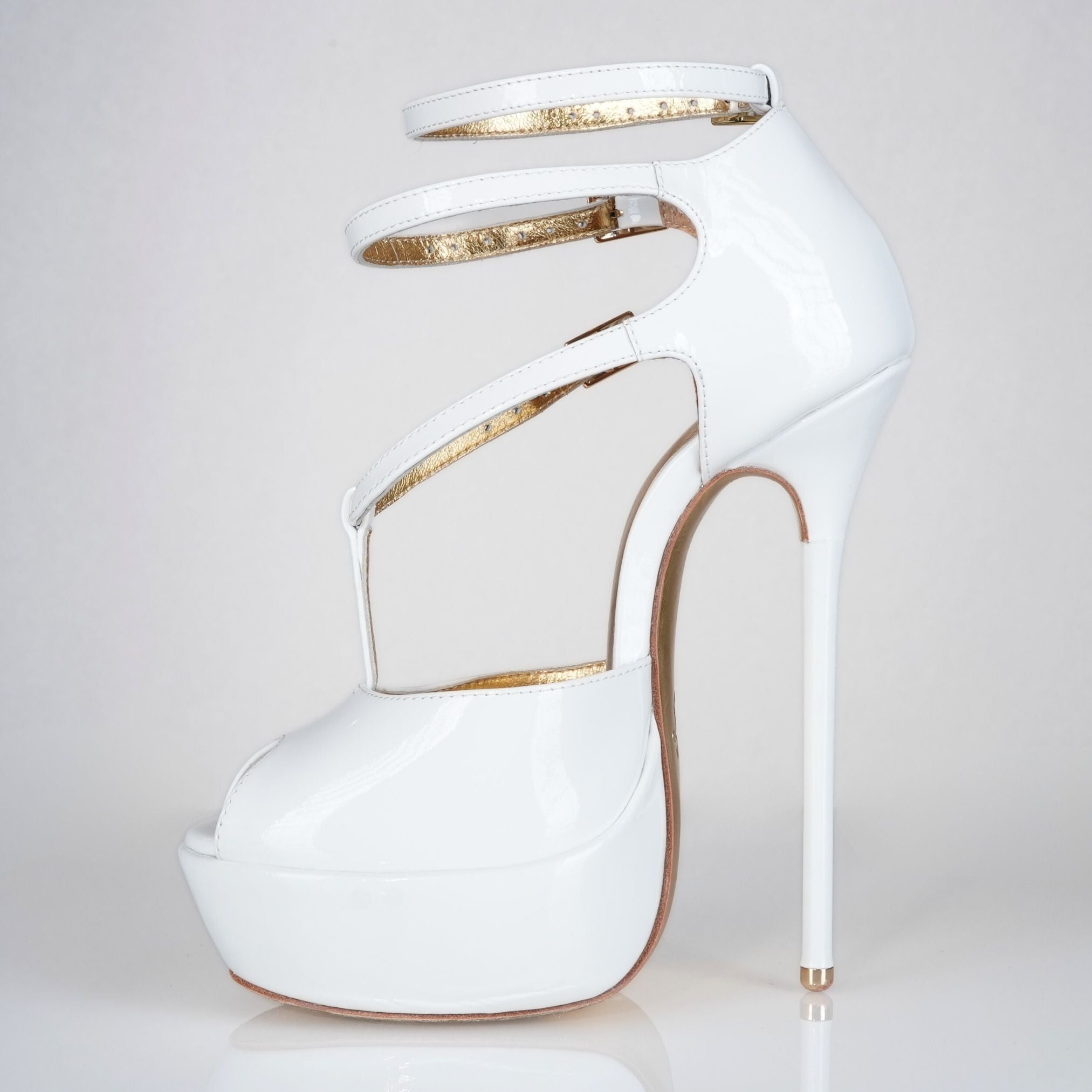 Princess white patent high heel sandals, 160mm superarch, 6 inch stilettos, Luxe My Body, left view.