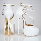 Princess white patent high heel sandals, 160mm superarch, 6 inch stilettos, Luxe My Body, profile view.