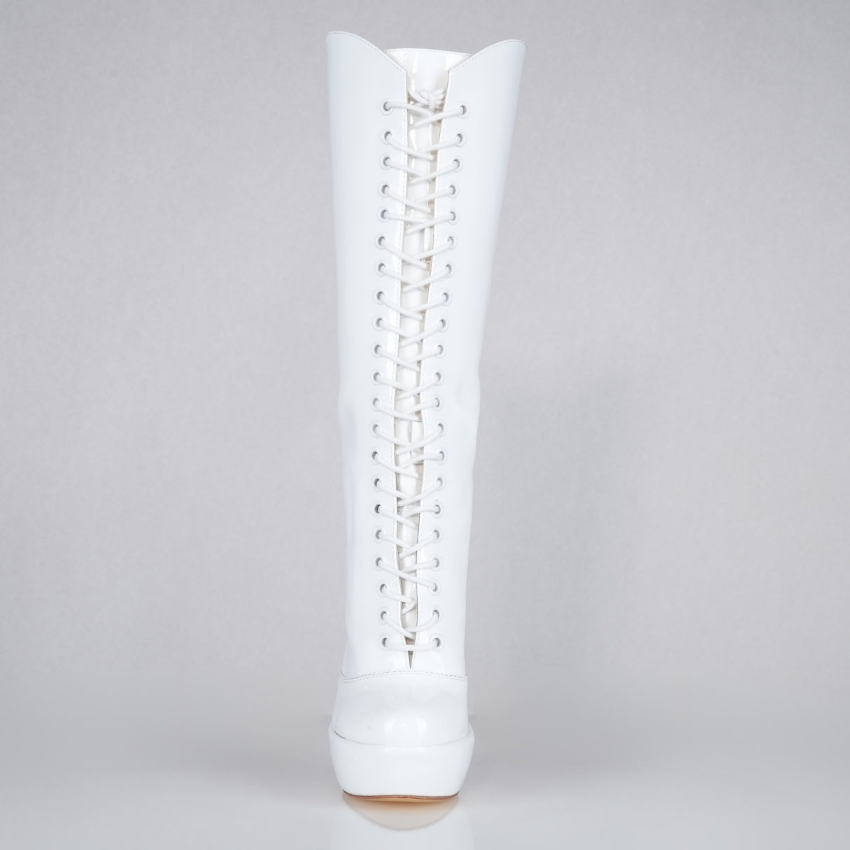 Mistress white patent 160mm stiletto high heels platform knee-high lace-up boots with superarch by Luxe My Body.