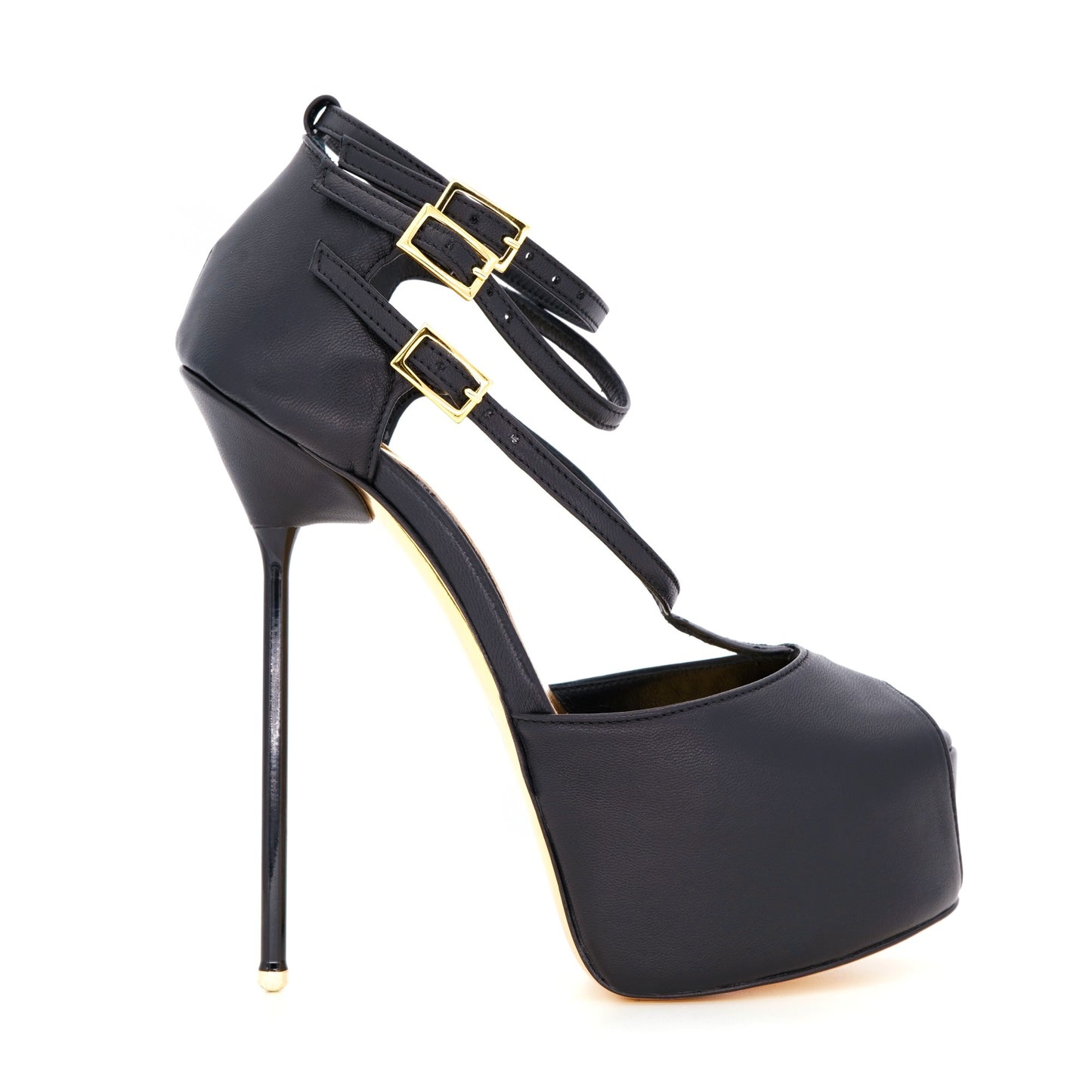 Duchess 160mm black leather stiletto high heel strappy sandals from Luxe My Body.  Made by high end luxury shoe designer Carrie LaChance.