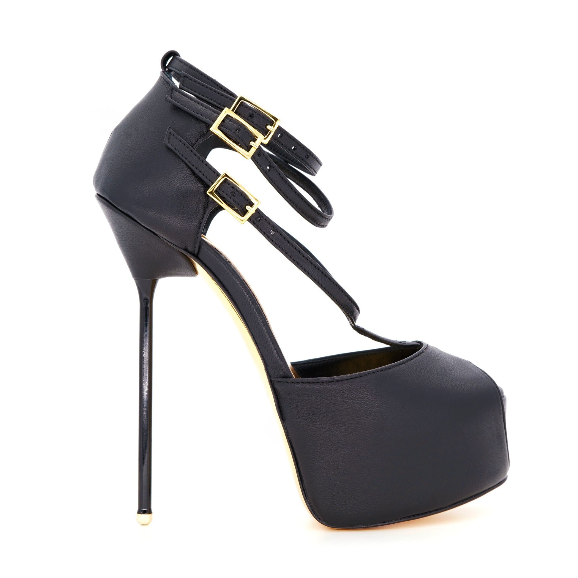 Duchess 160mm black leather stiletto high heel strappy sandals from Luxe My Body.  Made by high end luxury shoe designer Carrie LaChance.