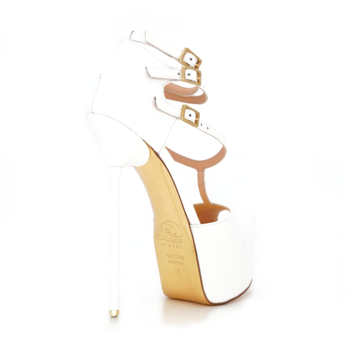 Duchess 160mm white patent stiletto high heel strappy sandals from Luxe My Body.  Made by high end luxury shoe designer Carrie LaChance.