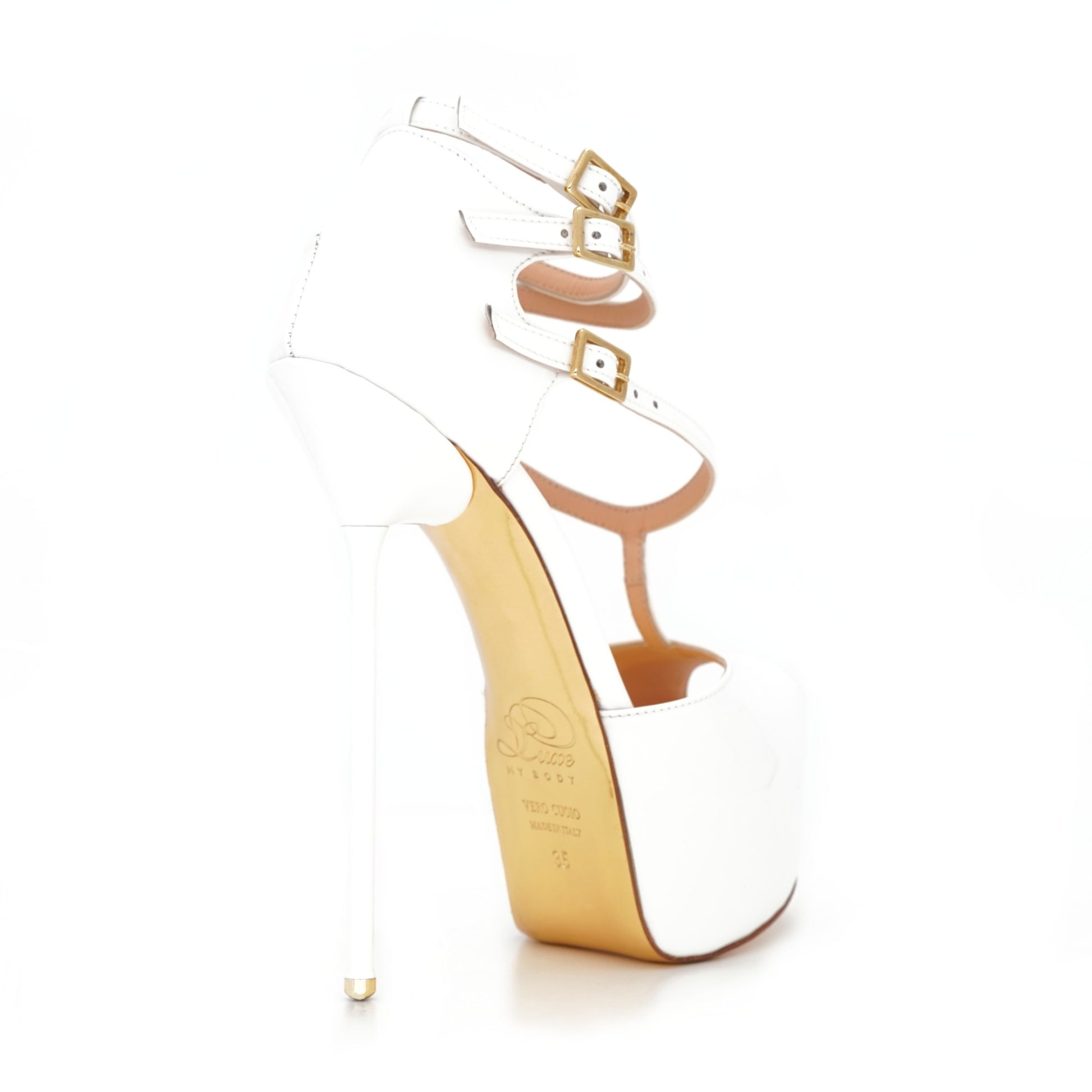 Duchess 160mm white patent stiletto high heel strappy sandals from Luxe My Body.  Made by high end luxury shoe designer Carrie LaChance.