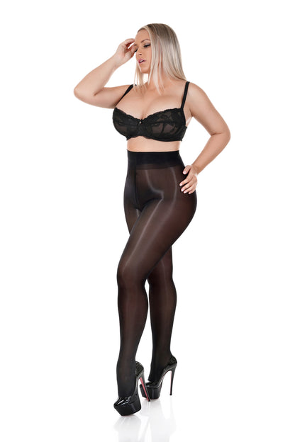 Elegant black full pantyhose tights with an ultra smooth, ultra glossy, ultra oil shine from Luxe My Body.  Made by high end luxury clothing designer Carrie LaChance.